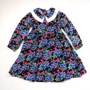 Vintage Biobottoms Dress Girls Size 5 Black Floral Long Sleeve